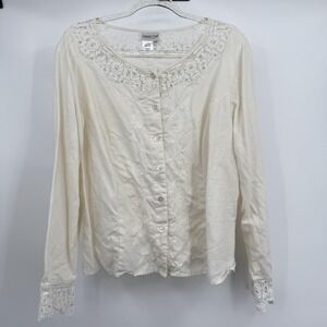 Coldwater Creek Shirt‎ Womens Petite XL Ivory Linen Crochet Lace Button Front
